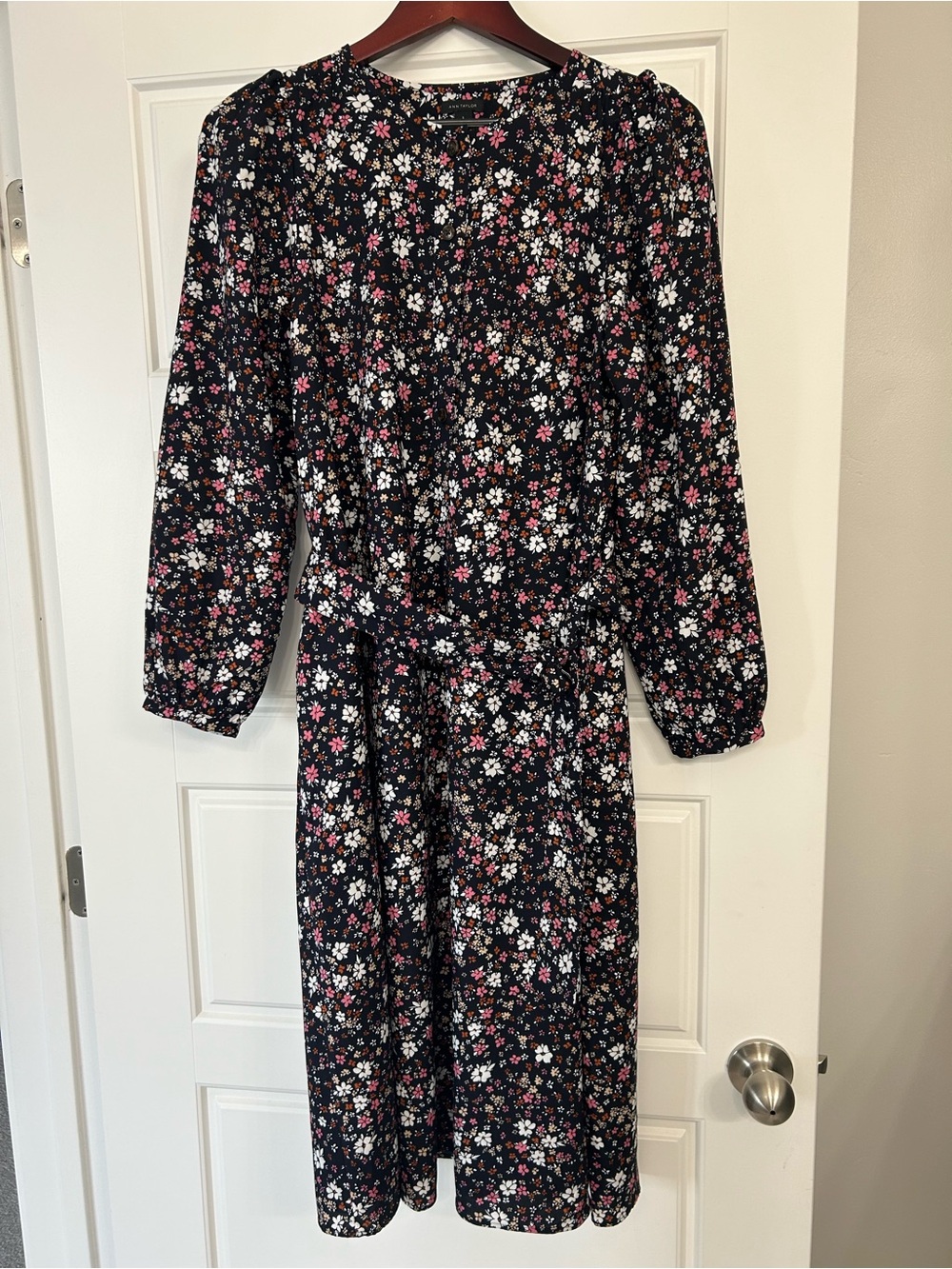 Ann Taylor Floral Long Sleeve Button-Front Belted Midi Dress - S